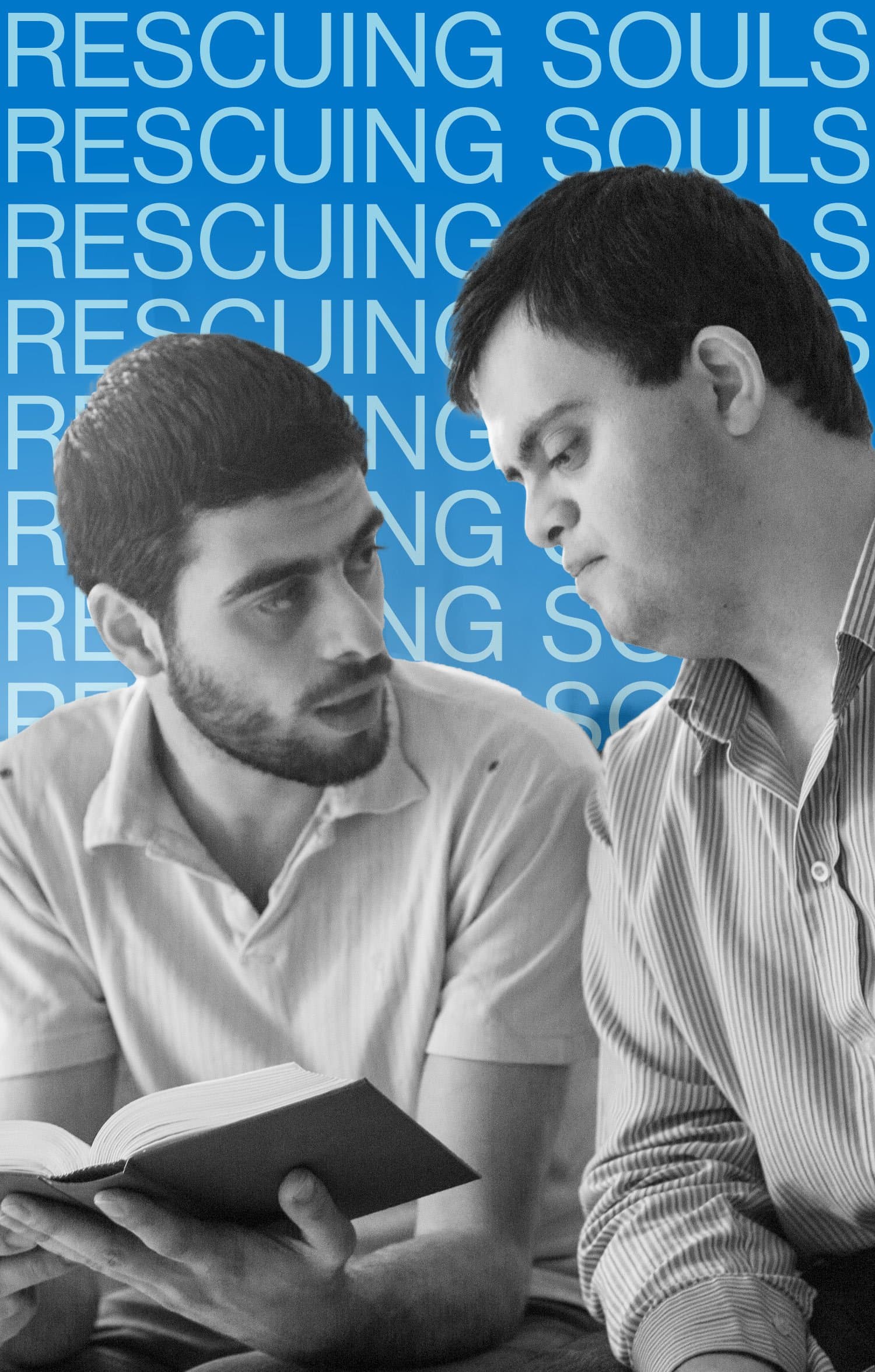 A man holding the Bible and looking at a man with Down Syndrome. Both are reading the Bible together. 
